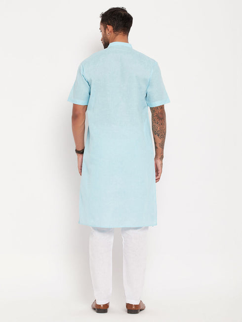 Vastramay Men's Aqua Blue Solid Kurta with White Pyjama Set
